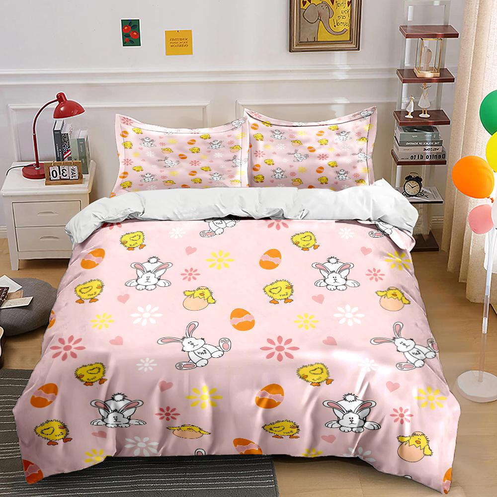 Cartoon bunny and chick Easter eggs Print Bedding Set 1 Duvet Cover 2 Pillowcases for Adult and Children Luxury Gift Full Size