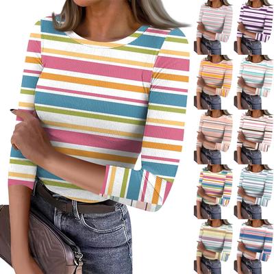 Women's Slim Bottom T-shirt Fashion Casual Stripe Printed Round Neck Pullover Seven Sleeve Top