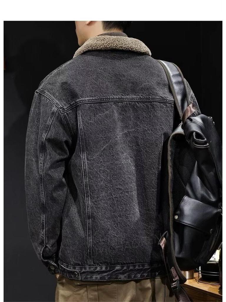 Herren American Retro Samt-Denimjacke - Dick, Warm Lammwolle Winter Arbeitskleidung Mantel