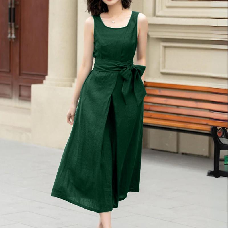 

ZANZEA Женское летнее повседневное платье без рукавов с квадратным вырезом S темно-зеленого