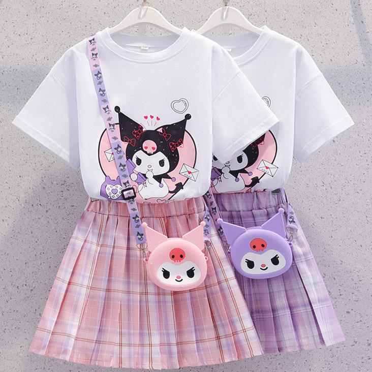 Girls' 2024 Summer JK Style Skirt Set: Korean Cartoon Top with Pleated Skirt Two-Piece Trendy Outfit