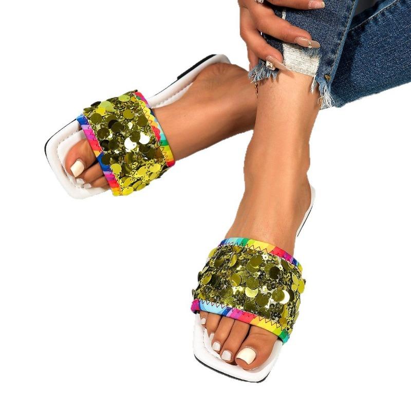 Flat-bottomed sequined cool slippers women's summer new square head wear large size 44 one-word slippers