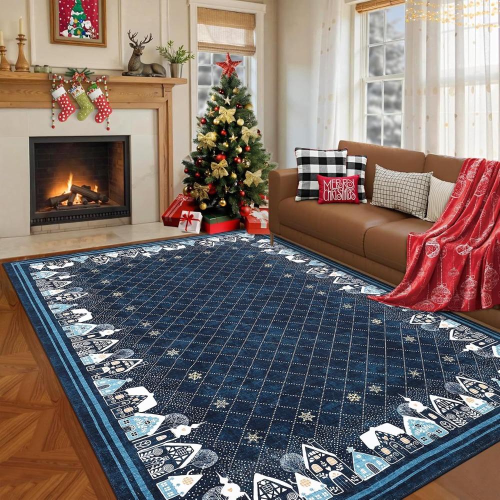 Christmas Carpet Mat Rug Red Green Snowman Reindeer Pattern with Merry Christmas Text Soft Floor Mat for Home Decoration