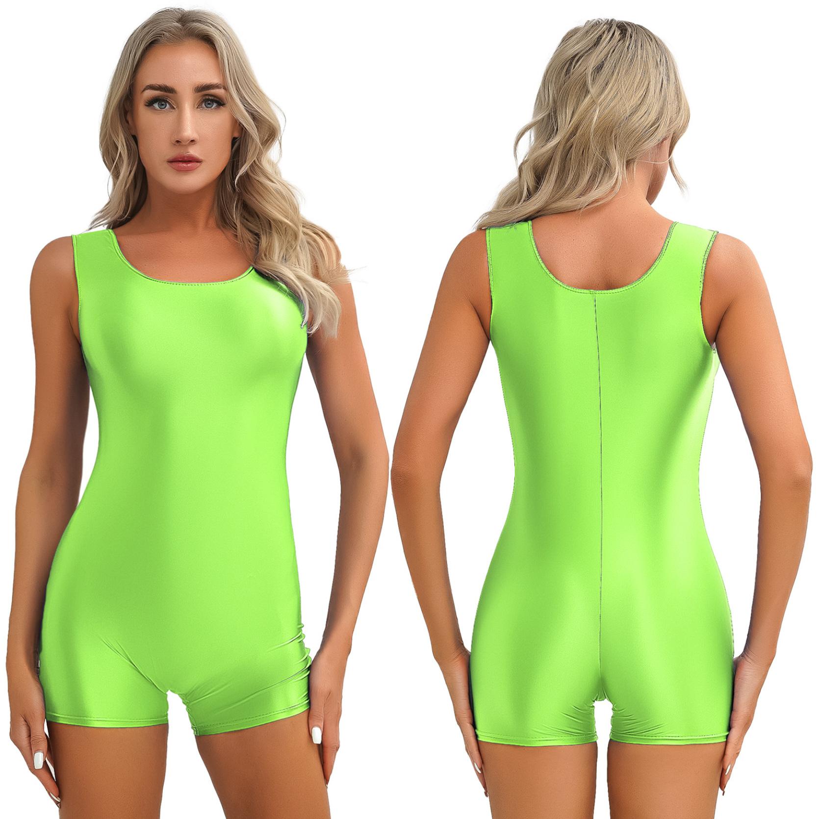 Damen-Overall, glänzend, ärmellos, kurz, einfarbig, dehnbar, U-Ausschnitt, Body für Yoga, Tanz, Bodybuilding, Badeanzug, Schwimmen M
