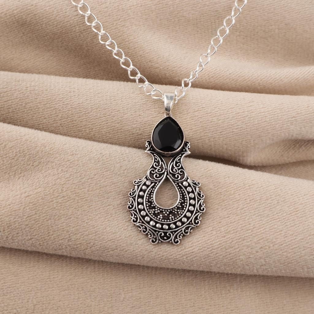 Black Onyx Gemstone 925 Sterling Silver Women Jewelry Elegant Pendant 1.8" For Thanksgiving/Anniversary Gift CP-45-18
