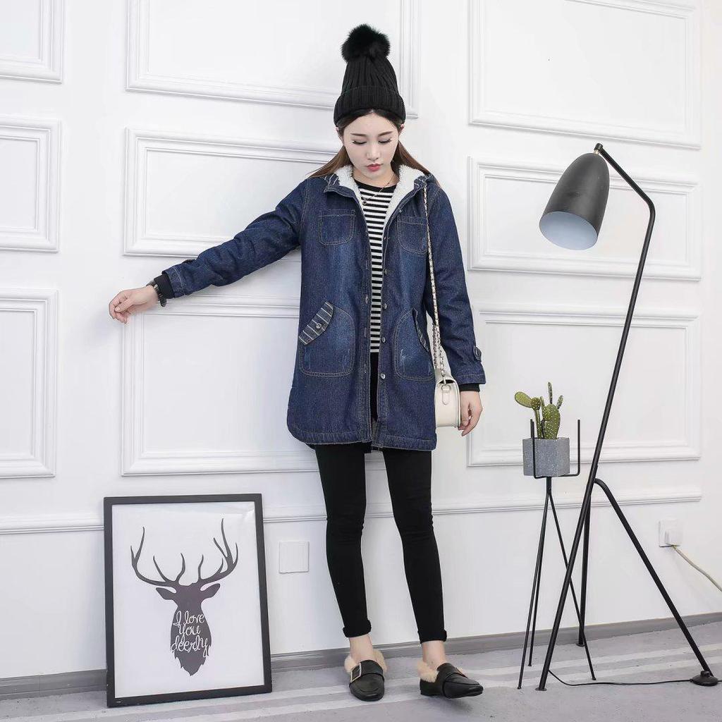Women's Plus Size Hooded Denim Cotton Coat with Fleece Lining - Korean Style, Mid-Length, for Autumn and Winter.