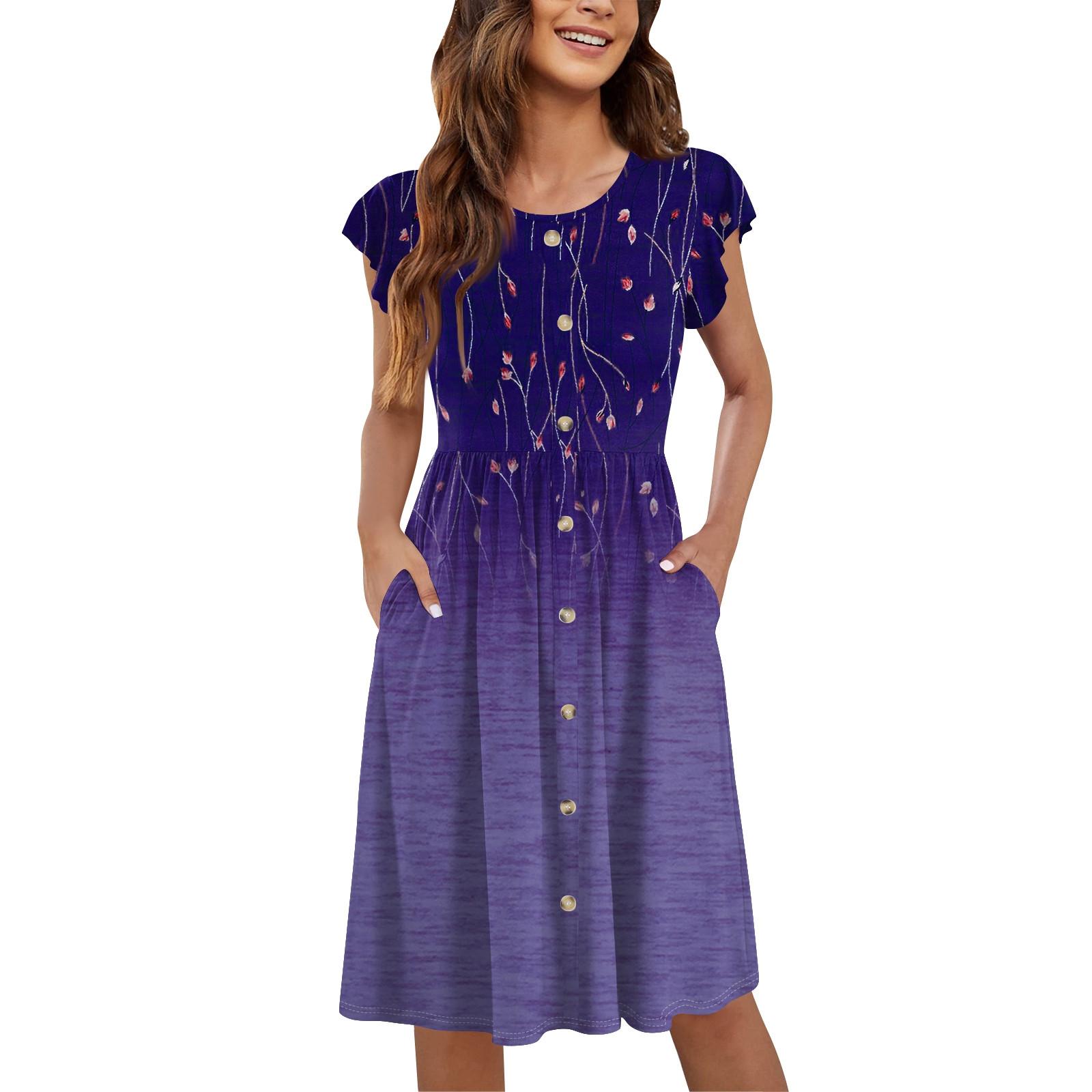 

Жіночі літні повсякденні сукні міді з вільними ґудзиками та круглим вирізом із широкими рукавами M