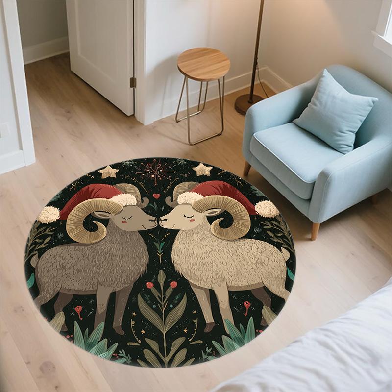 Symmetrical Animals in Grass,Round Area Rug,Carpet Rug for Living Room Bedroom Sofa Playroom Decor,Non-slip Floor Mat