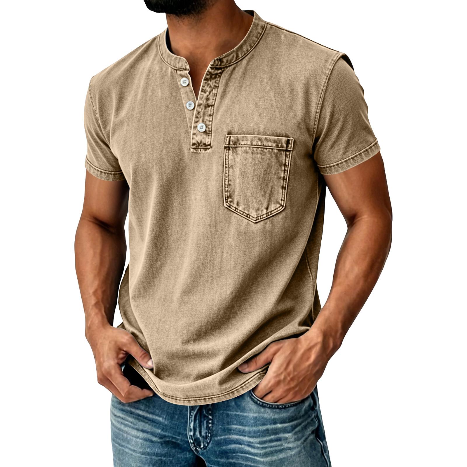 BILIBILIGAME Heren Henley T-shirt met korte mouwen en borstzak, casual pasvorm, knoopsluiting, katoenen top XXL kaki