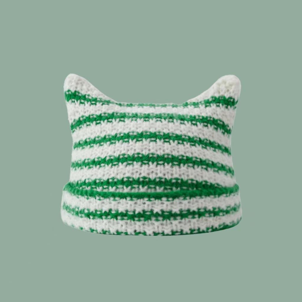 New Japanese Streetwear Harajuku Beanie Little Devil Striped Knitted Hat Women Girls Autumn Winter Cute Cat Ears Cap