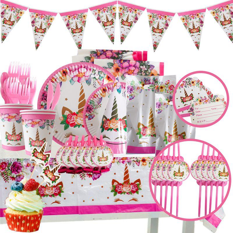 Unicorn Wreath Kids Birthday Party Supplies Tableware Plates Cup Fork Tablecloth