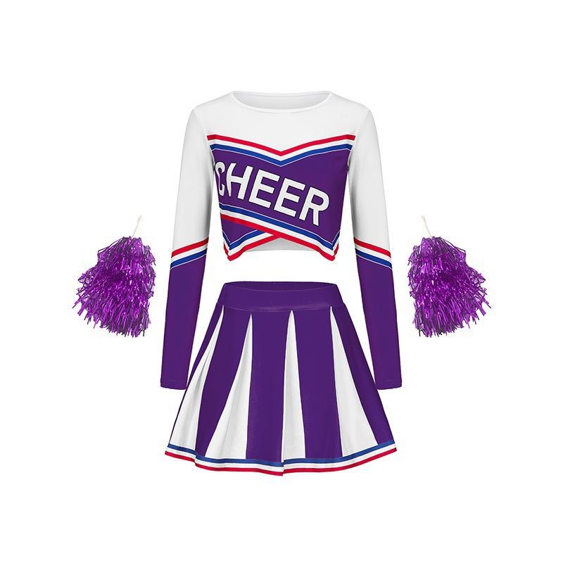 Zombie Cheerleading Uniform Women's Long-sleeve Cheerleader Performance Top Short Skirt Pom-pom Halloween School Student Costume