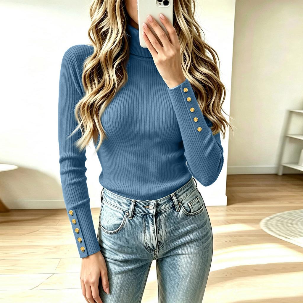 Women's High Neck Pullover Knit Sweater with Decorative Buttons - Casual Winter Fashion Top