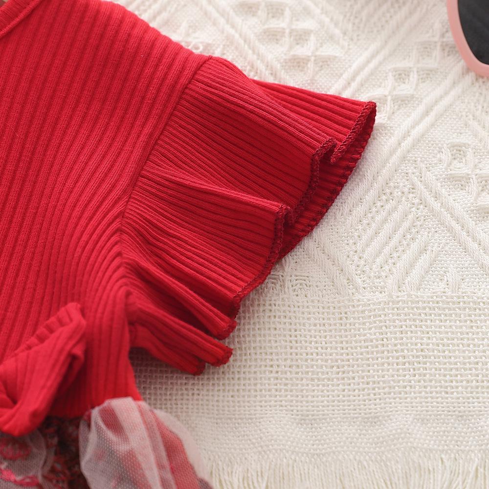 Korean Baby Girls' Butterfly Embroidery Flutter Sleeve Red Mesh Knit Dress