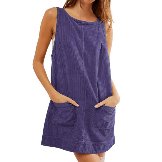 Women Dress with Pockets Sleeveless Oversized A-line Pure Color Backless Above Knee Length Lady Work Party Mini Dress