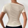 Spring and Summer Solid Colour Fashion Slim Drawstring Irregular Collar Short Sleeve T-Shirt Top