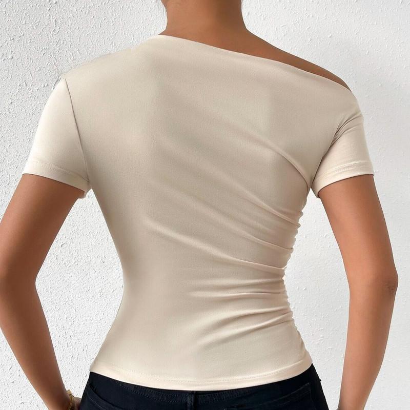 Spring and Summer Solid Colour Fashion Slim Drawstring Irregular Collar Short Sleeve T-Shirt Top