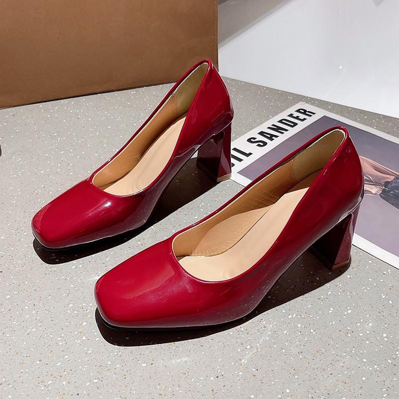 

Женские туфли-лодочки с квадратным носком и толстым каблуком, весенняя новая модная повседневная обувь из маленькой кожи на одной педали, телесного цвета с открытым верхом, на высоком каблуке 40 красный