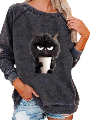 Damen Frühlings-/Herbst-Sweatshirt Damenmode Katze Aufdruck Oberteil Oversized Pullover Sweatshirt
