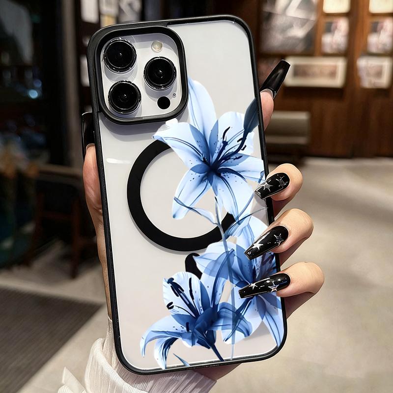 Blue Lily Whisper Transparent Magnetic Phone Case for Samsung Galaxy S25 S24 S23 S22 Ultra Plus S26 FE for Wireless Charge Cover