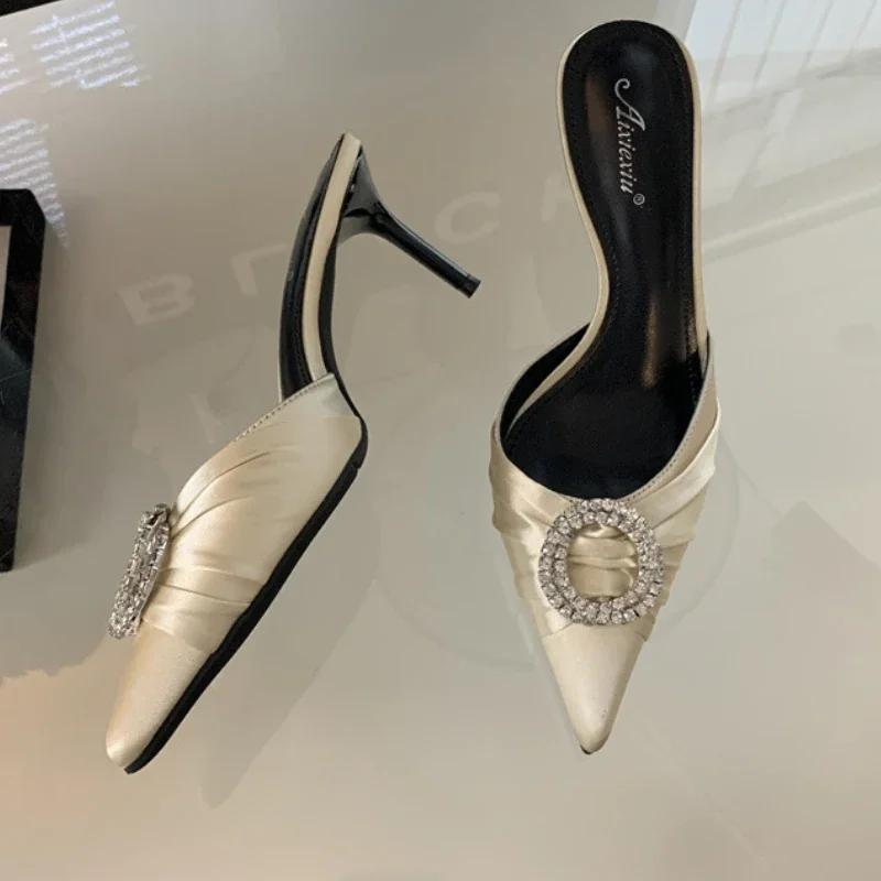 

Роскошные атласные шлепанцы на высоком каблуке со стразами Женские Сексуальные с острым носком Вечерние туфли Модные босоножки-слингбэки Женские 39 абрикосовый