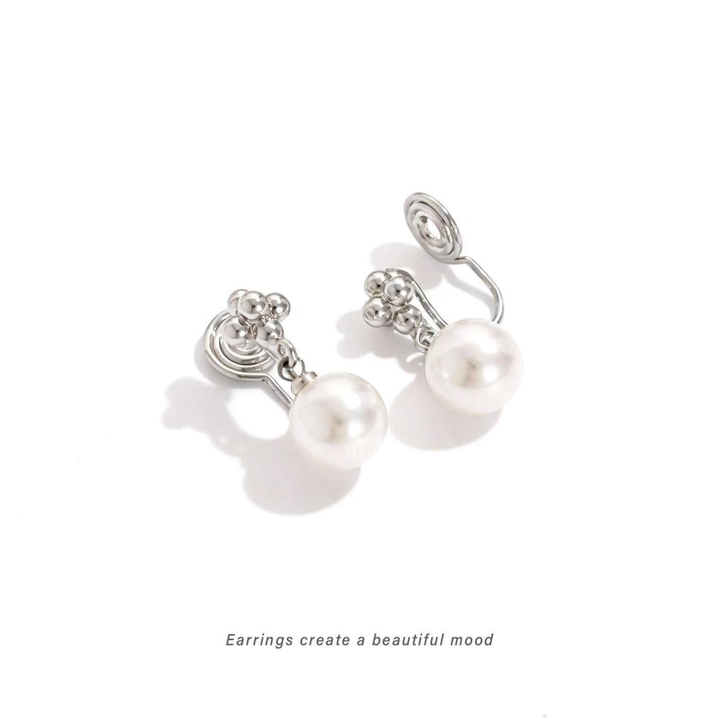 Retro Silver Bead & Pearl Flower Ear Studs - Elegant, Simple Design with Mosquito Coil Clip