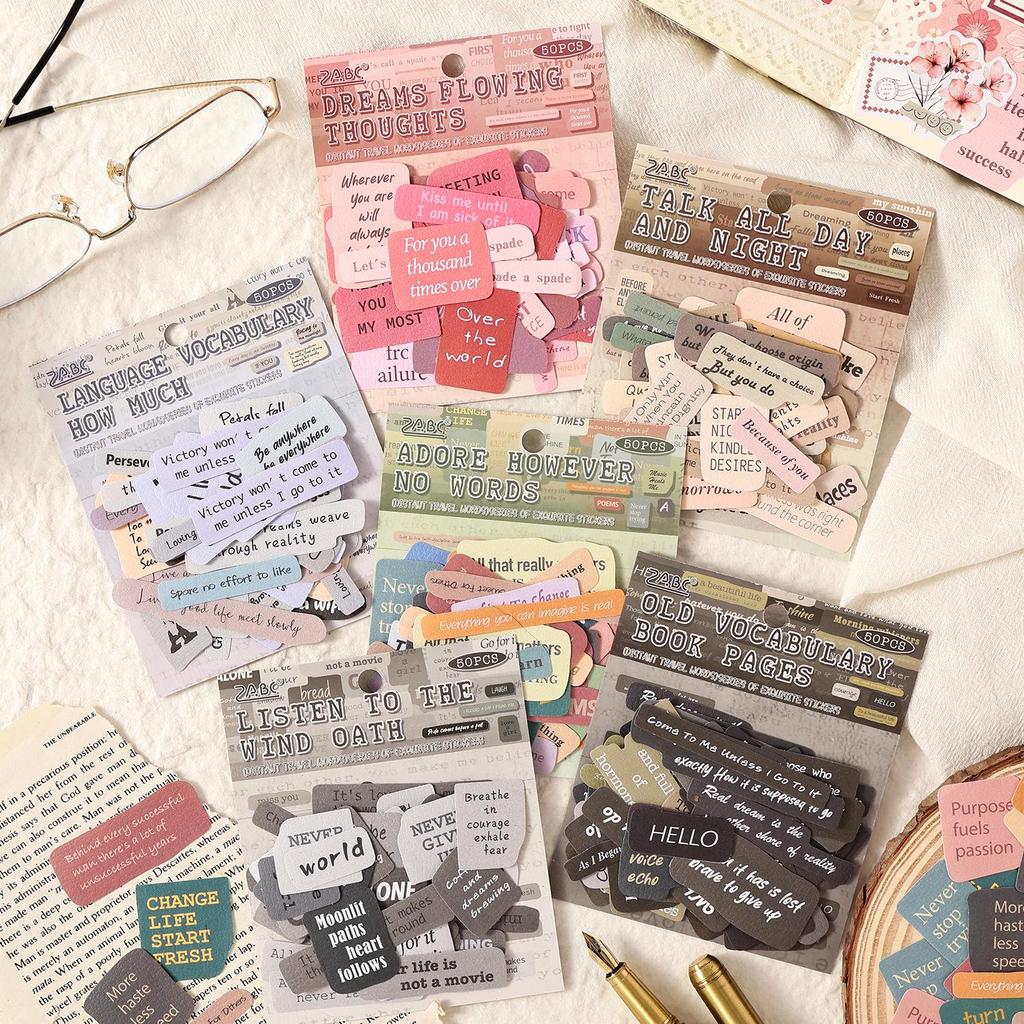 ZABC Far Away Travel Sticker Pack: 50 Retro English Word Sheets, 6 Styles