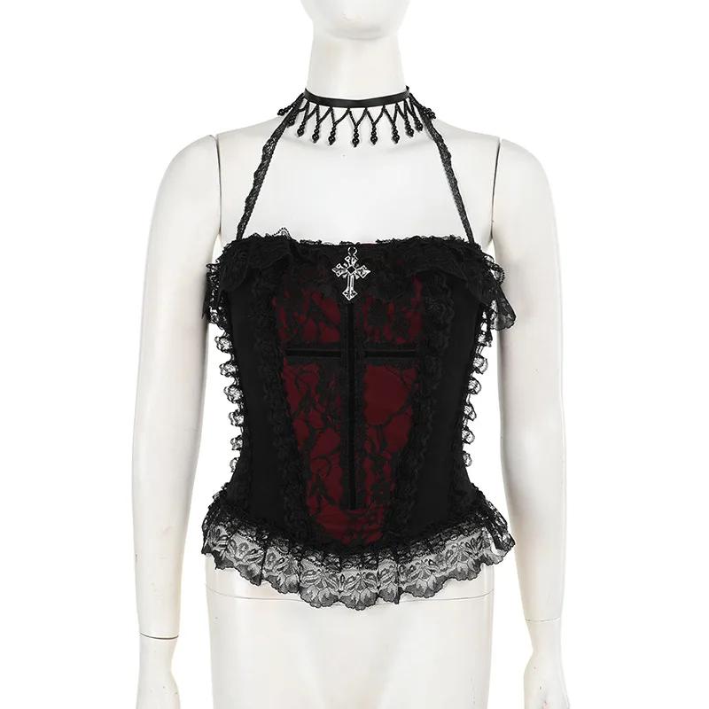 AltGoth Gothic Hotsweet Camisole Женская винтажная эстетика Y2k E-girl Hipster Кружевная Лоскутная Холтер Укороченная майка Косплей Одежда S