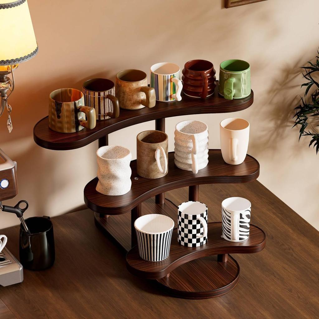 Schreibtisch-Aufbewahrungsregal Walnuss-Finish Tischplatte Tasse mit drei Regalen Holz 3-lagig Ausstellungsständer