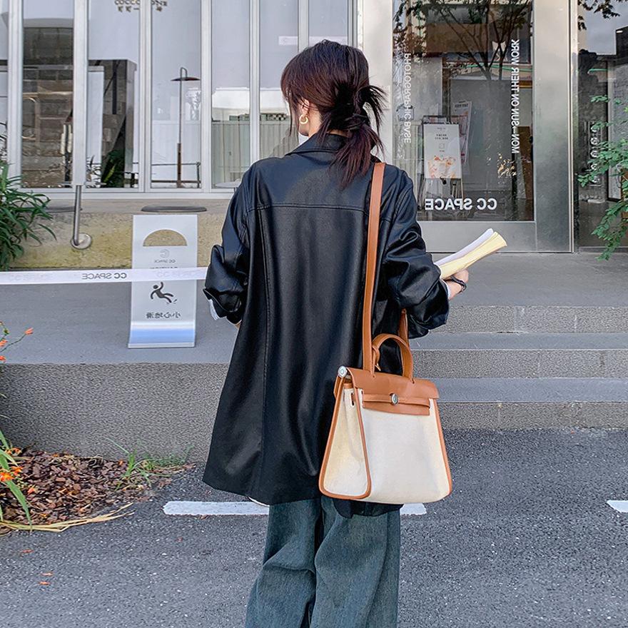 Spring and Autumn New Small Popular Jacket Super Good-looking Black Leather Jacket Women's Medium and Long