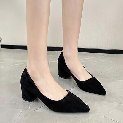 Fashion Black High Heels 2024 New Wild Work Shoe Pointed Shallow Mouth Suede Square Heel Single Shoes Fashion Comfort Womens Shoes Pumps