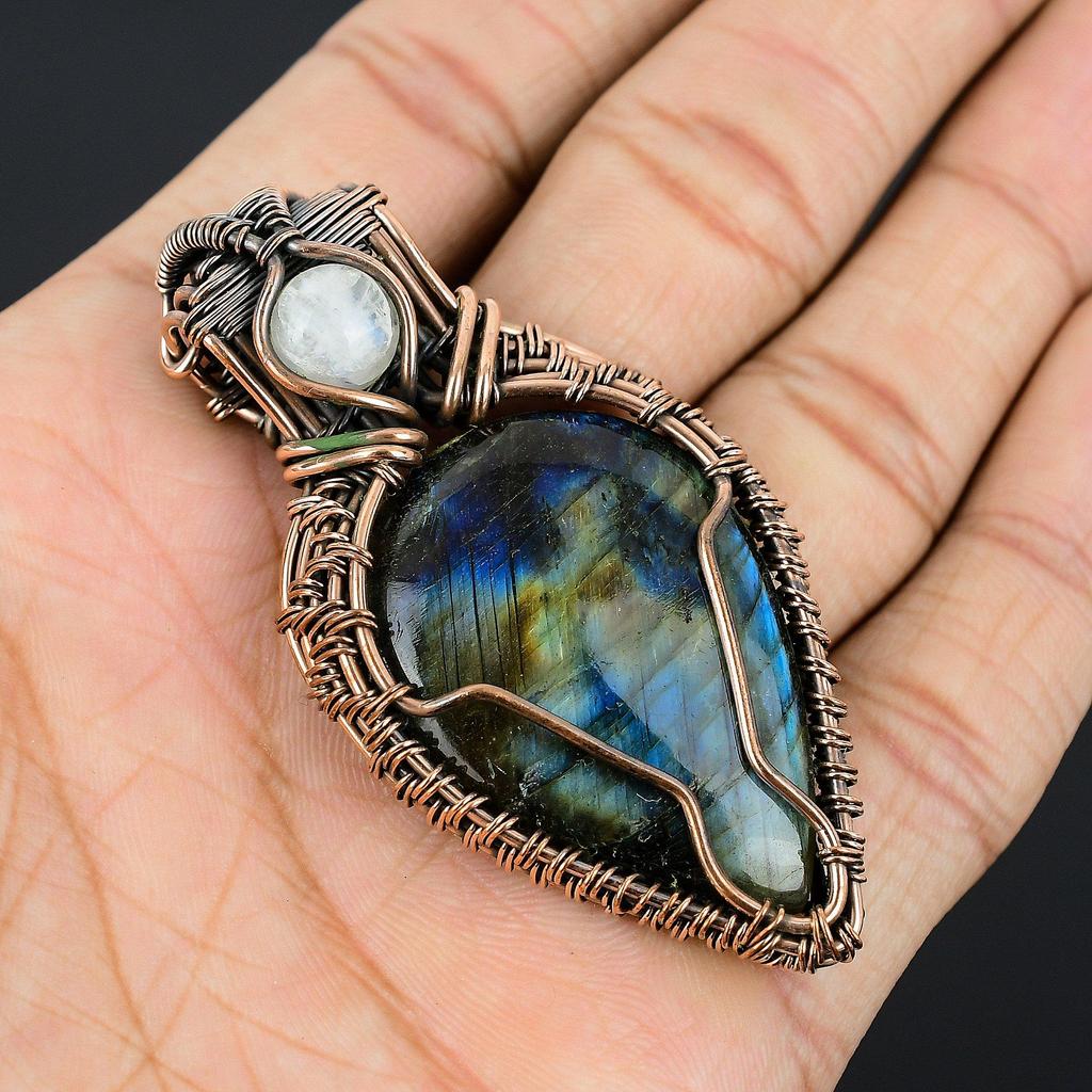 Labradorite & Rainbow Moonstone Pendant, Handmade Gemstone 999 Copper Wire Wrapped Pendant Antique Jewelry, For Gift Silver Jewelry
