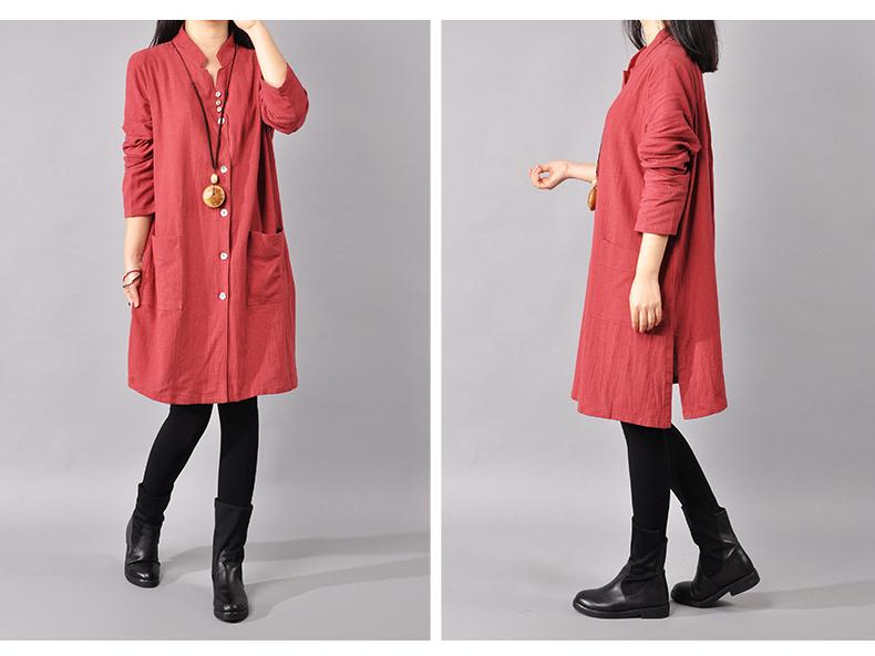 2025 Spring Korean Plus Size Women's Cotton Linen Shirt Dress with Half-Open Collar and Long Sleeves