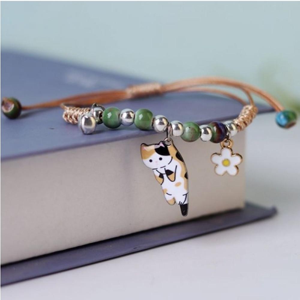 Cartoon Enamel Animal Cat Flower Bracelet for Girl Kids Women Charm Pet Pendant Strap Rope Bracelets Handmade Friendship Jewelry