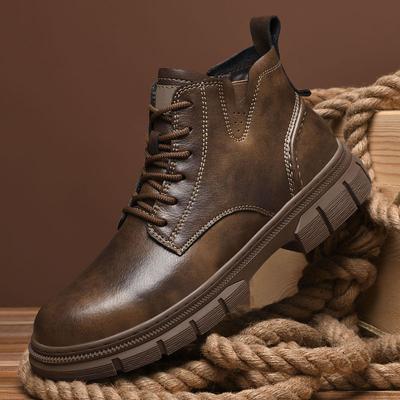 Men Lace Up High Top Boots Autumn and Winter Velvet Warm Boots Fashionable Thick Sole Mid Top Boot Outdoor British Fashion Boots