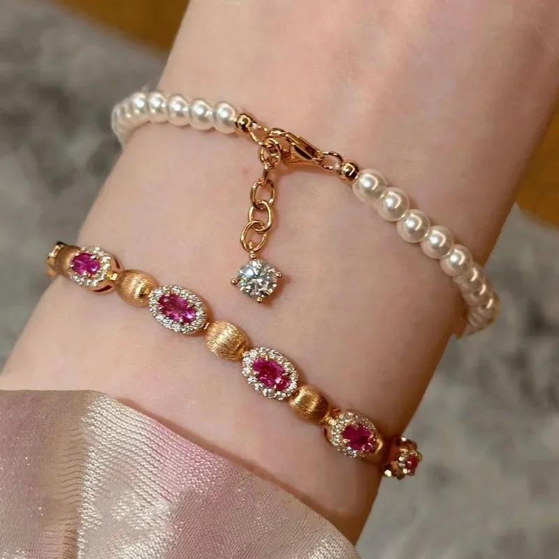 Creative inlaid ruby bracelet for women exquisite and High quality glossy and fashionable oval brushed bangles wedding Zircon