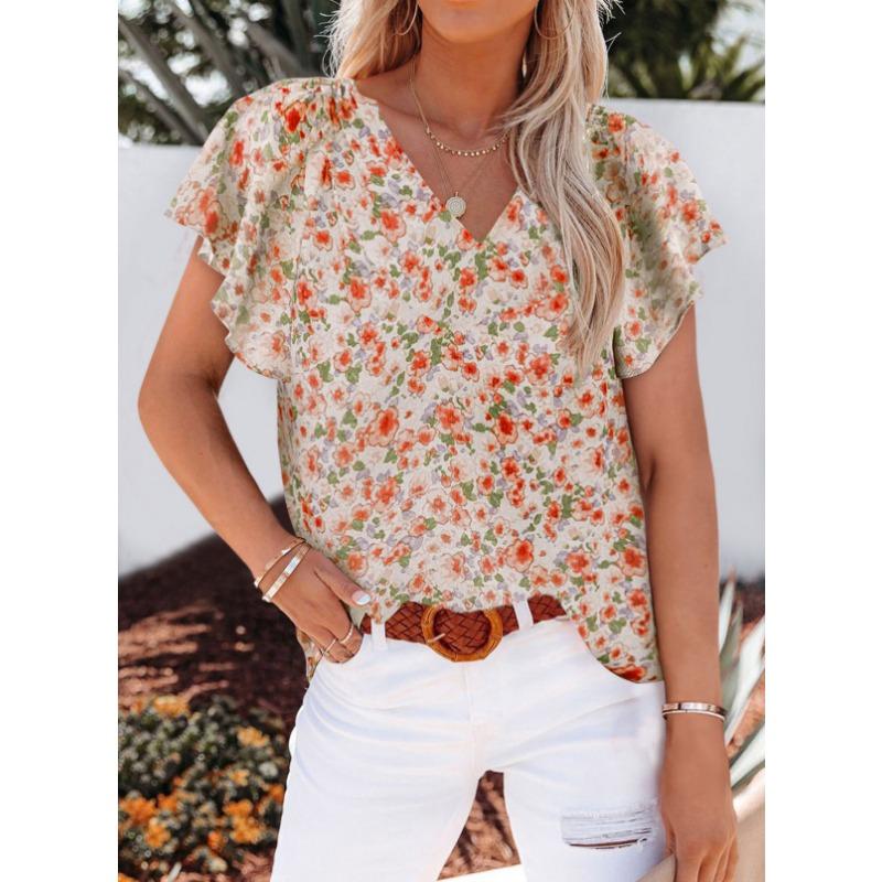 Women V Neck Printed Short Sleeve Loose Casual Pullover Blouse Top