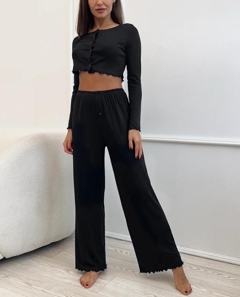 European-American Women's Long-Sleeve Knit Jacquard Top & Wide-Leg Pants Set - Casual Homewear