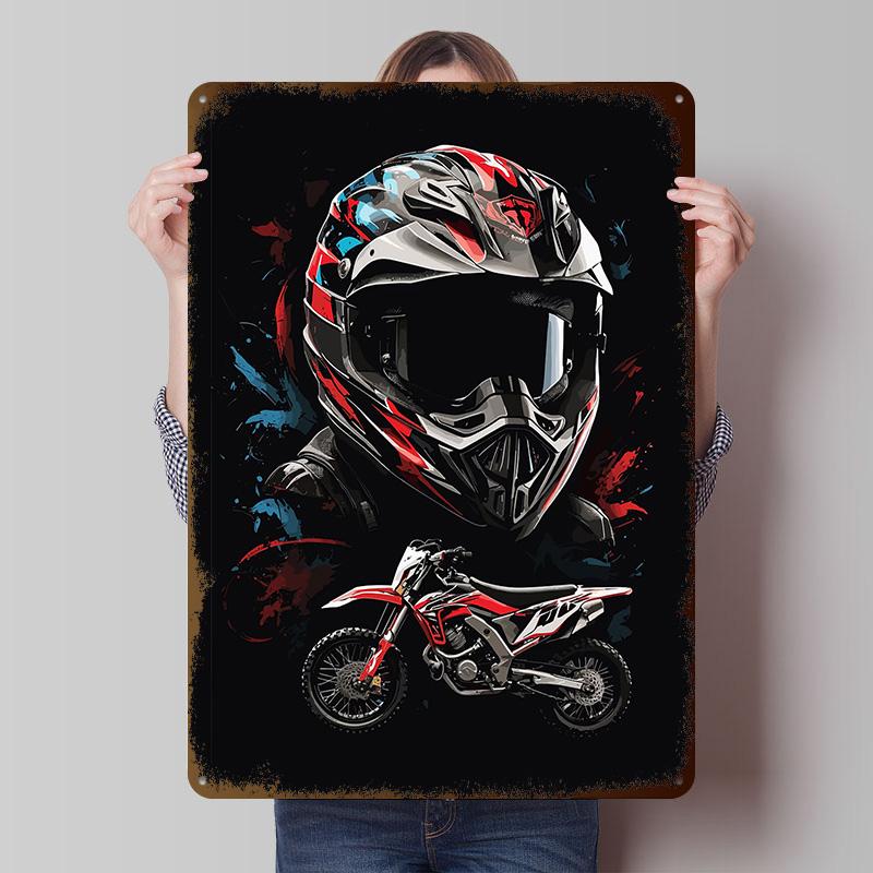 Motocross Rider Helmet Printed Poster Customized Wall Art Retro Vintage Metal Tin Signs for Home Living Room Decorations House