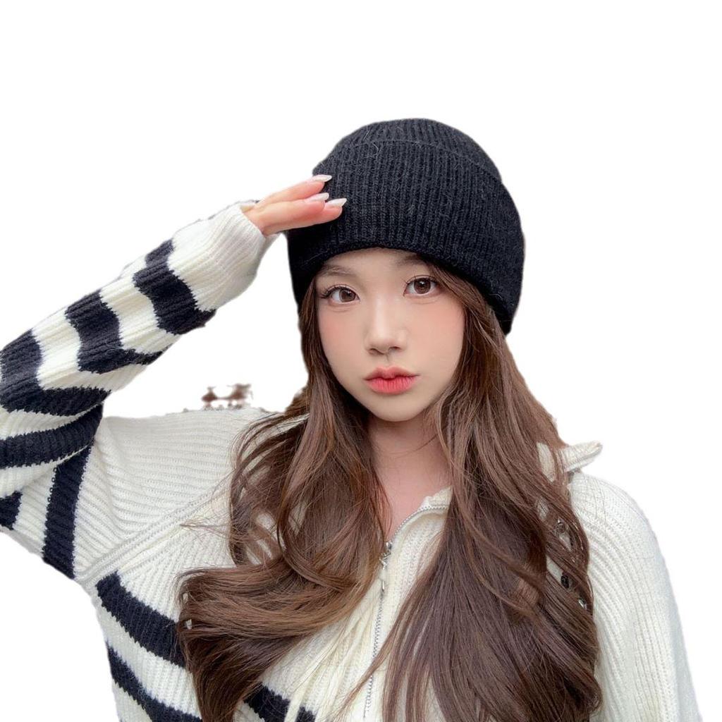 Korean Style Thickened Knit Hats for Women, Ear Protection, Large Fit, Face-Slimming, Warm, In Stock