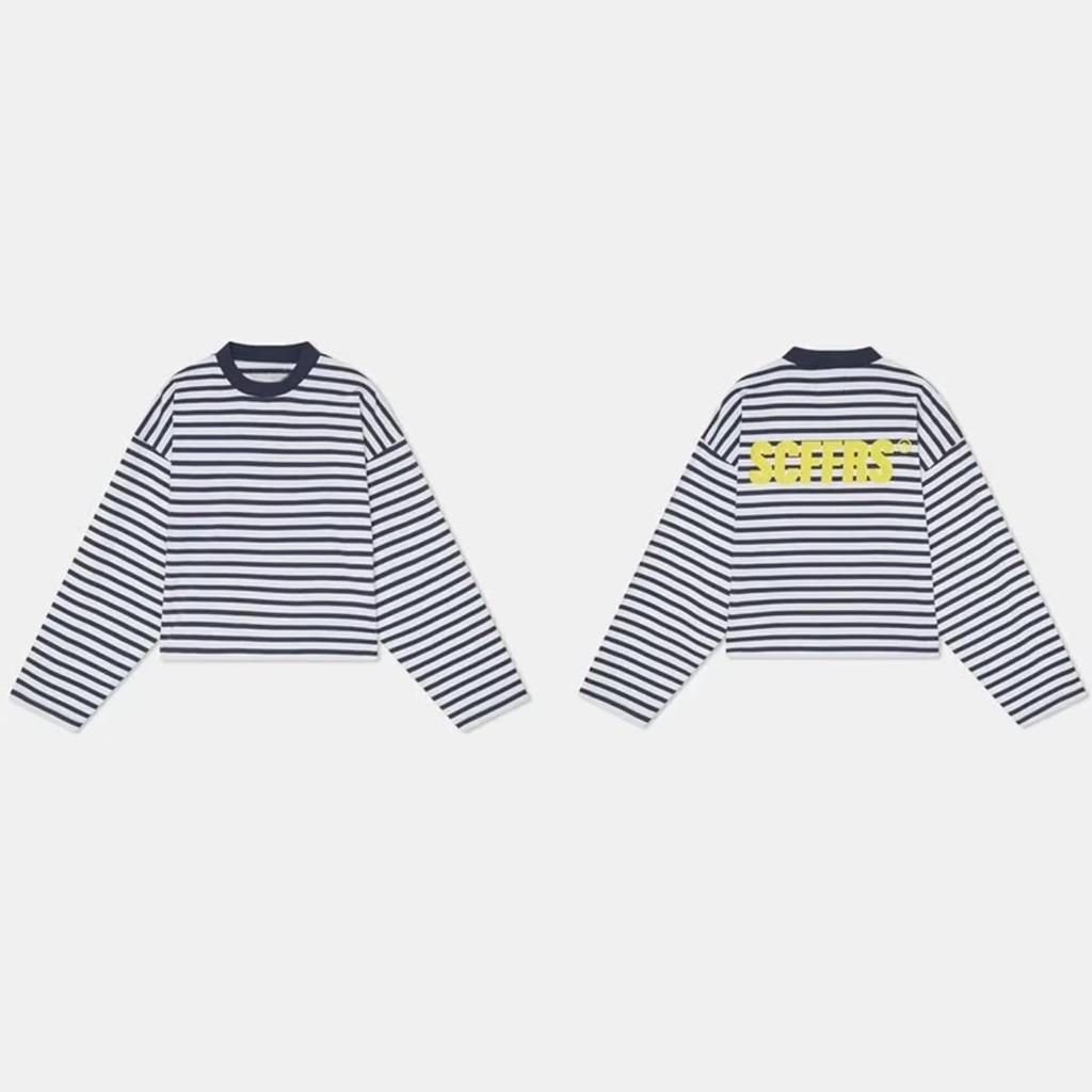 ZYLLO American Retro Fashion Street Round Neck Letter Printed Striped Shirt Y2K Casual Harajuku Loose Long-sleeved T-shirts