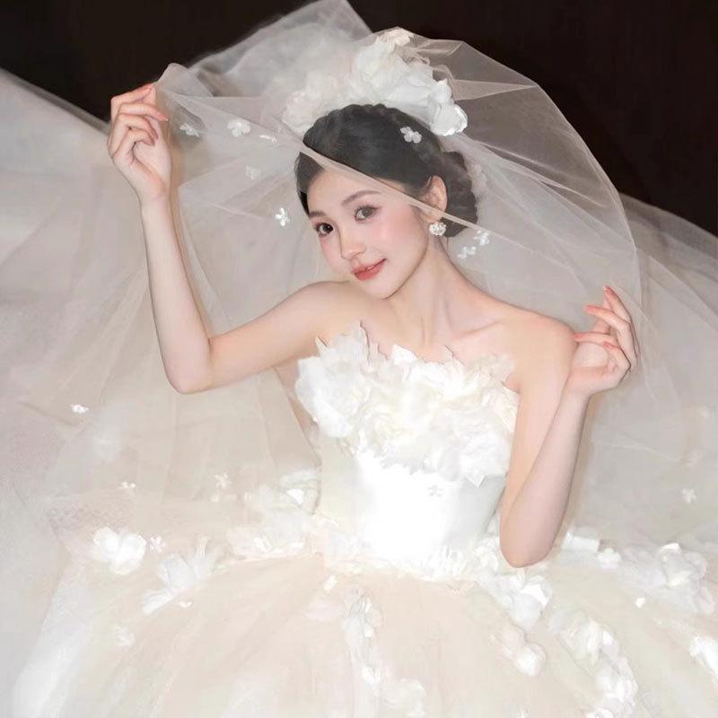 Large Size Wedding Dress Bride 2025 New Wedding Dress Flower Tube Top Trailing Tail Fat MM Thin Dress Yarn Advanced