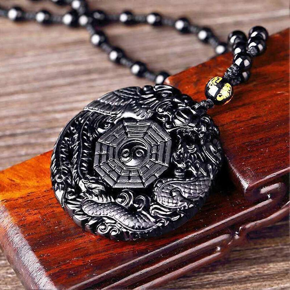 Dragon Phoenix Bagua Pendant Necklace Obsidian Jewelry
