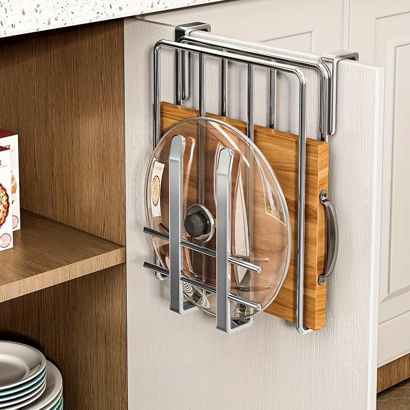 Estante Organizador de Cocina de Acero Inoxidable de Doble Capa para Montar en la Pared con Acentos de Madera - Perfecto para Puertas de Armario, Tablas de Cortar, Tapas de Olla