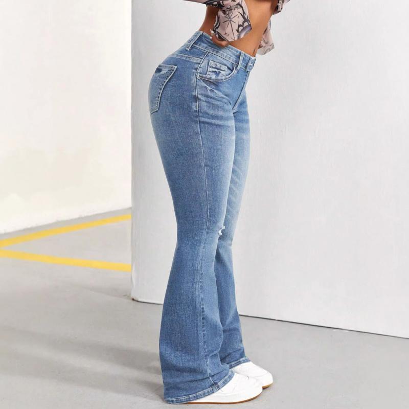 Women's Blue Vintage Stretch High-Waisted Slim Fit Ripped Flared Jeans