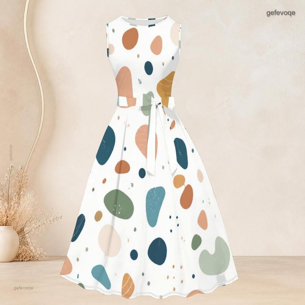 Women Plus Size Two Piece Set Printed Sleeveless Round Neck Tie Waist Flared Dress And Three Quarter Sleeve Cardigan