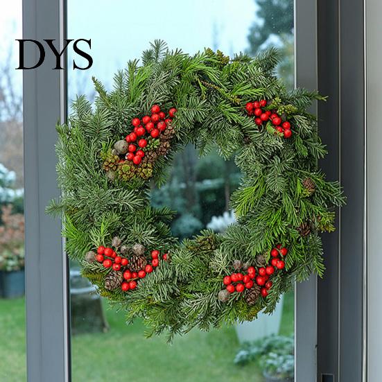 Indoor Outdoor Seasonal Ornament Christmas Garland Wall Sticker, Pine And Cypress Branch Decal with Red Berries & Peel Stick Cones, Xmas Wreath