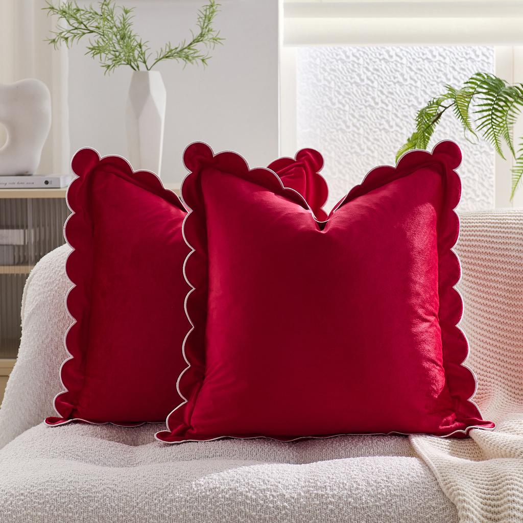 Solid Velvet Cushion Cover With Wave Fringed Navy Red Green Pink Brown Grey