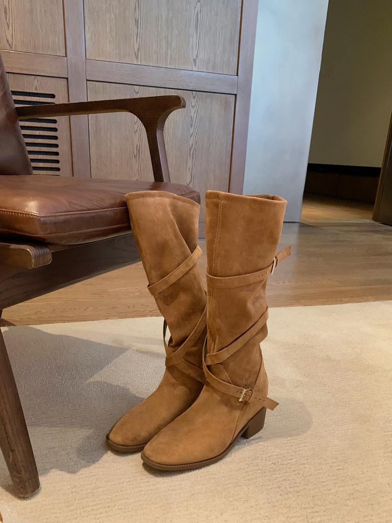 Sheepskin version~ 7cm heightening stack medium boots women's tip round head cross strap retro thick heel long boots knight boots