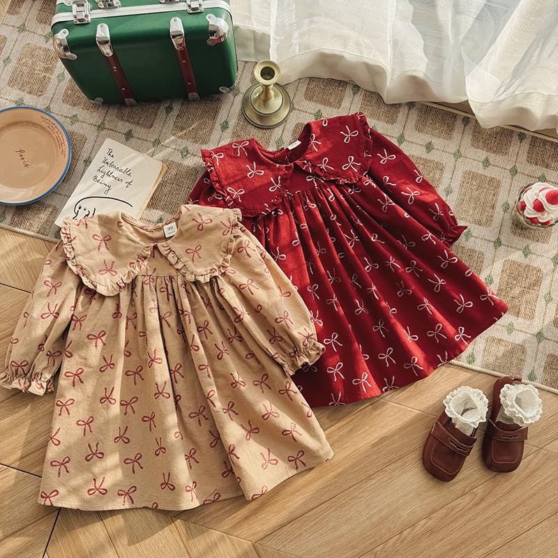Koreanischer Stil Langarm Spitzen-Prinzessinnenkleid für Mädchen - Herbst 2026 Kollektion, Reine Baumwolle